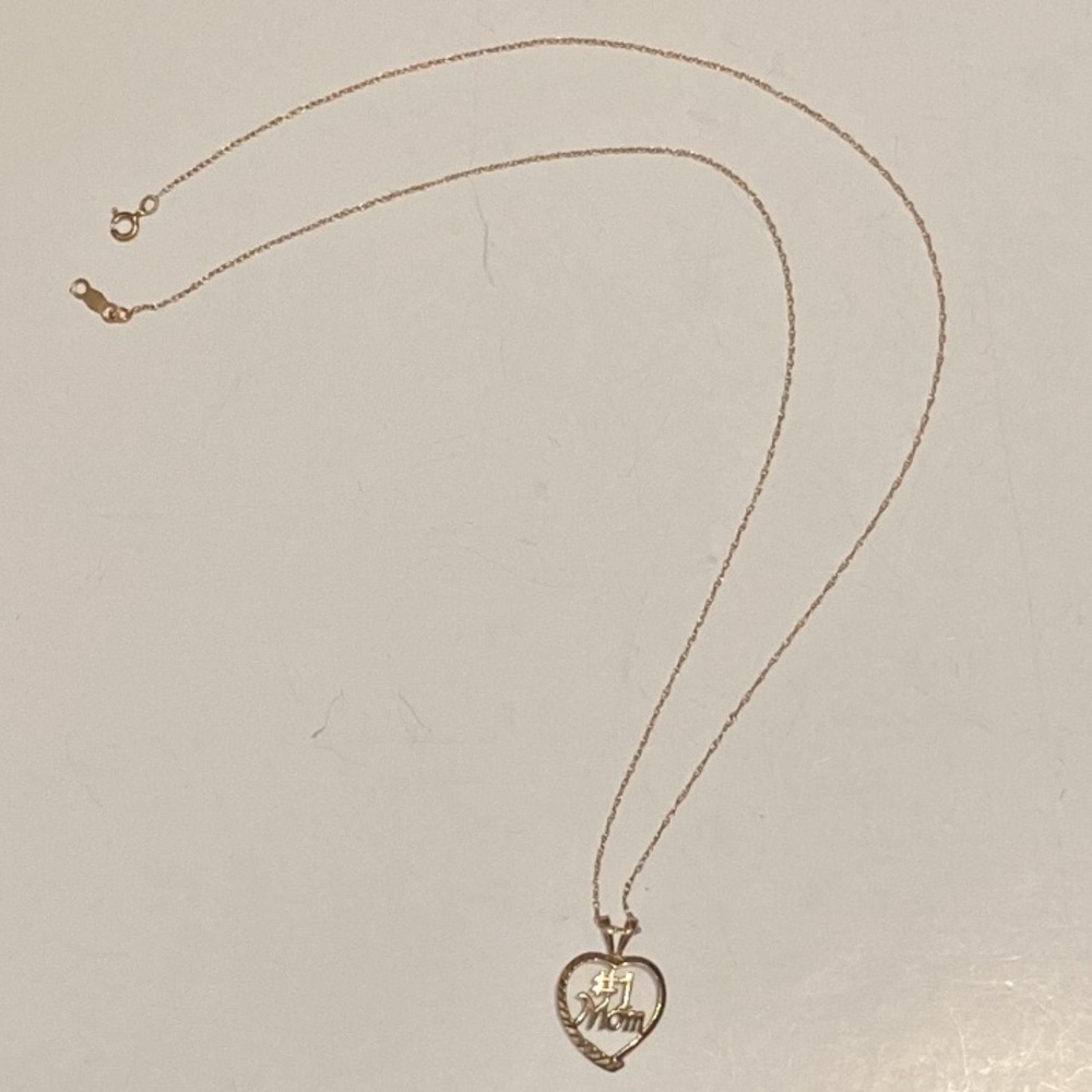 14K SOLID YELLOW GOLD #1 MOM HEART PENDANT & SOLID GOLD CHAIN SIGNED AURAFIN - Picture 13 of 16